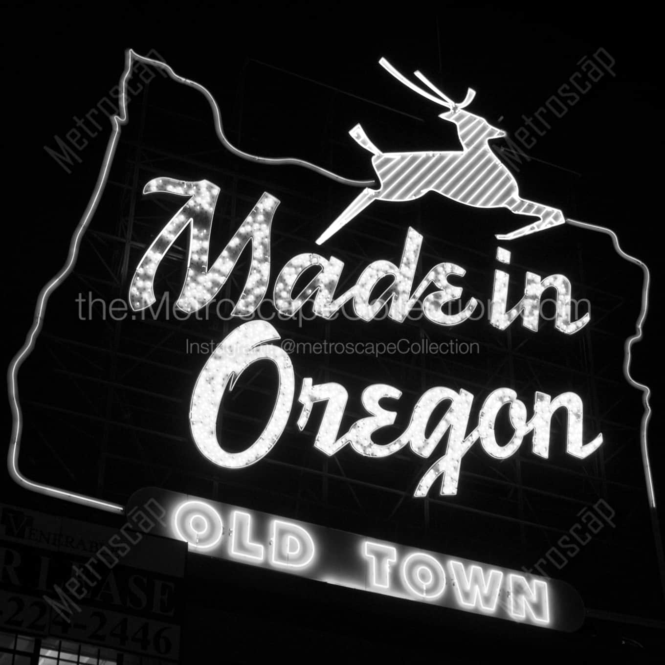 The Made in Oregon Neon Sign night time black and white Photography square crop