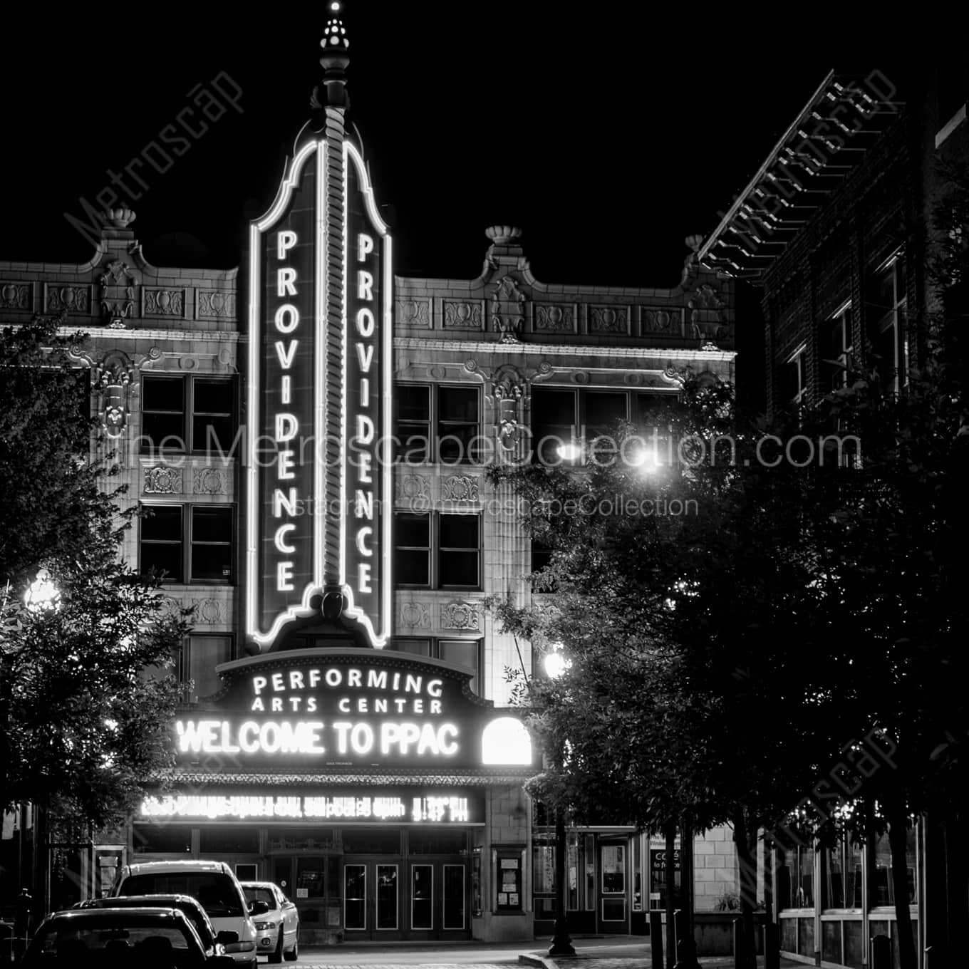 The Providence Performing Arts Centre night time black and white Photography square crop