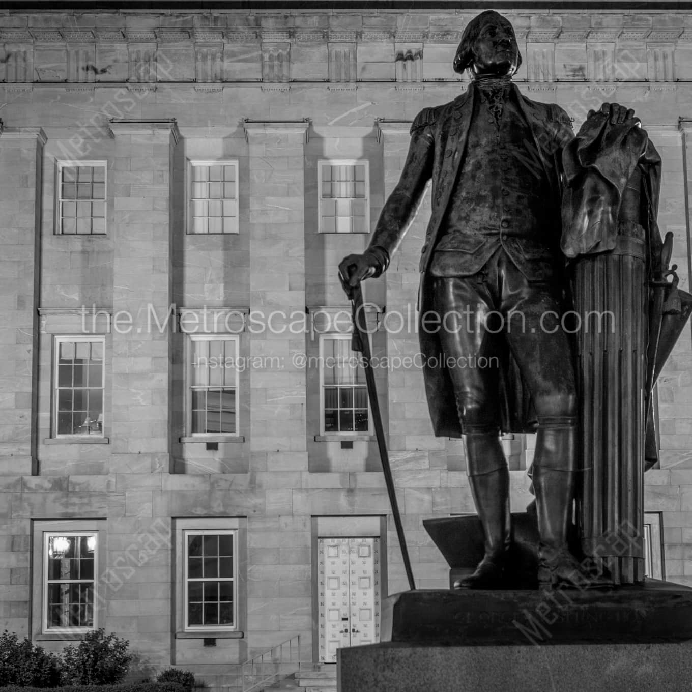 George Washington at the NC State Capitol night time black and white Photography square crop