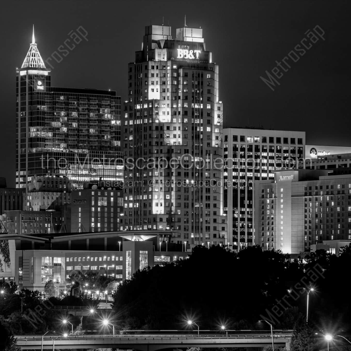 The Raleigh Skyline at MLK Blvd night time black and white Photography square crop