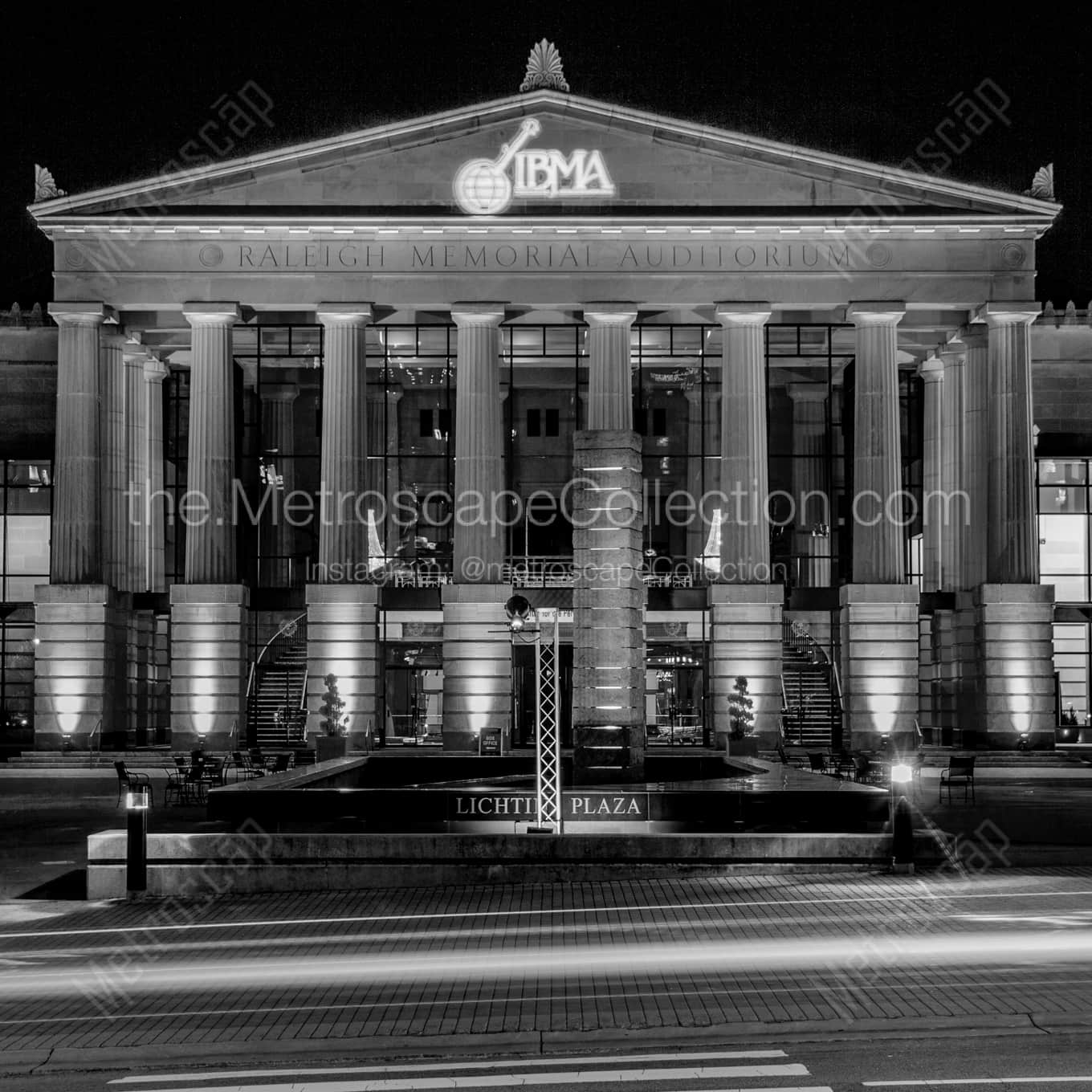 The Raleigh Memorial Auditorium at Night night time black and white Photography square crop