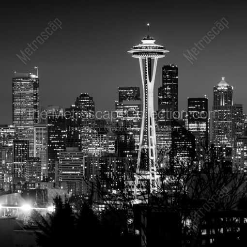 The Space Needle at Night -- Seattle Black and White Photography