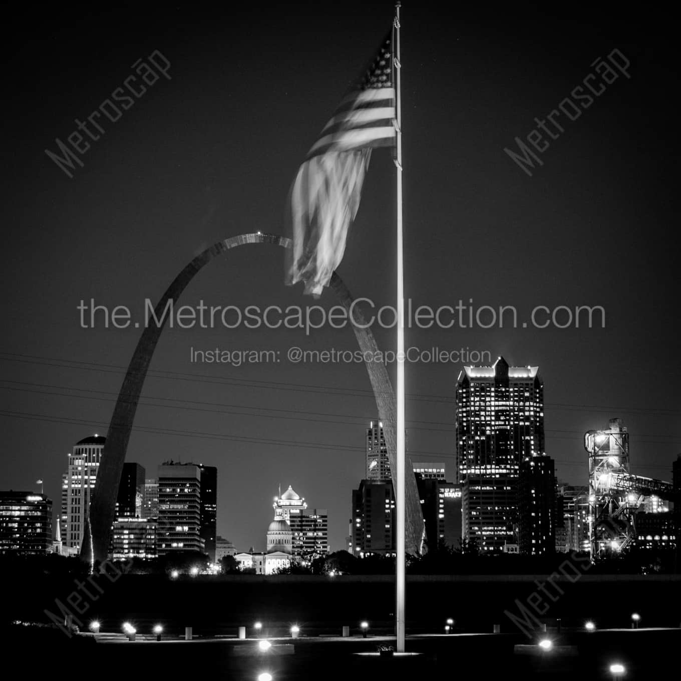 The American Flag and Gateway Arch at Night night time black and white Photography square crop