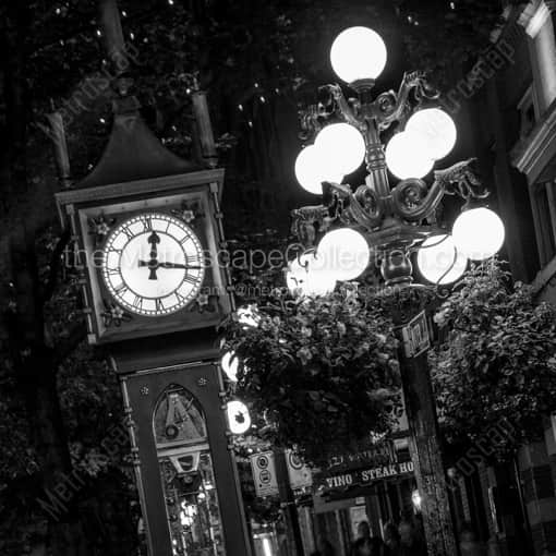 The Gastown Steam Clock at Night -- Vancouver Black and White Photography