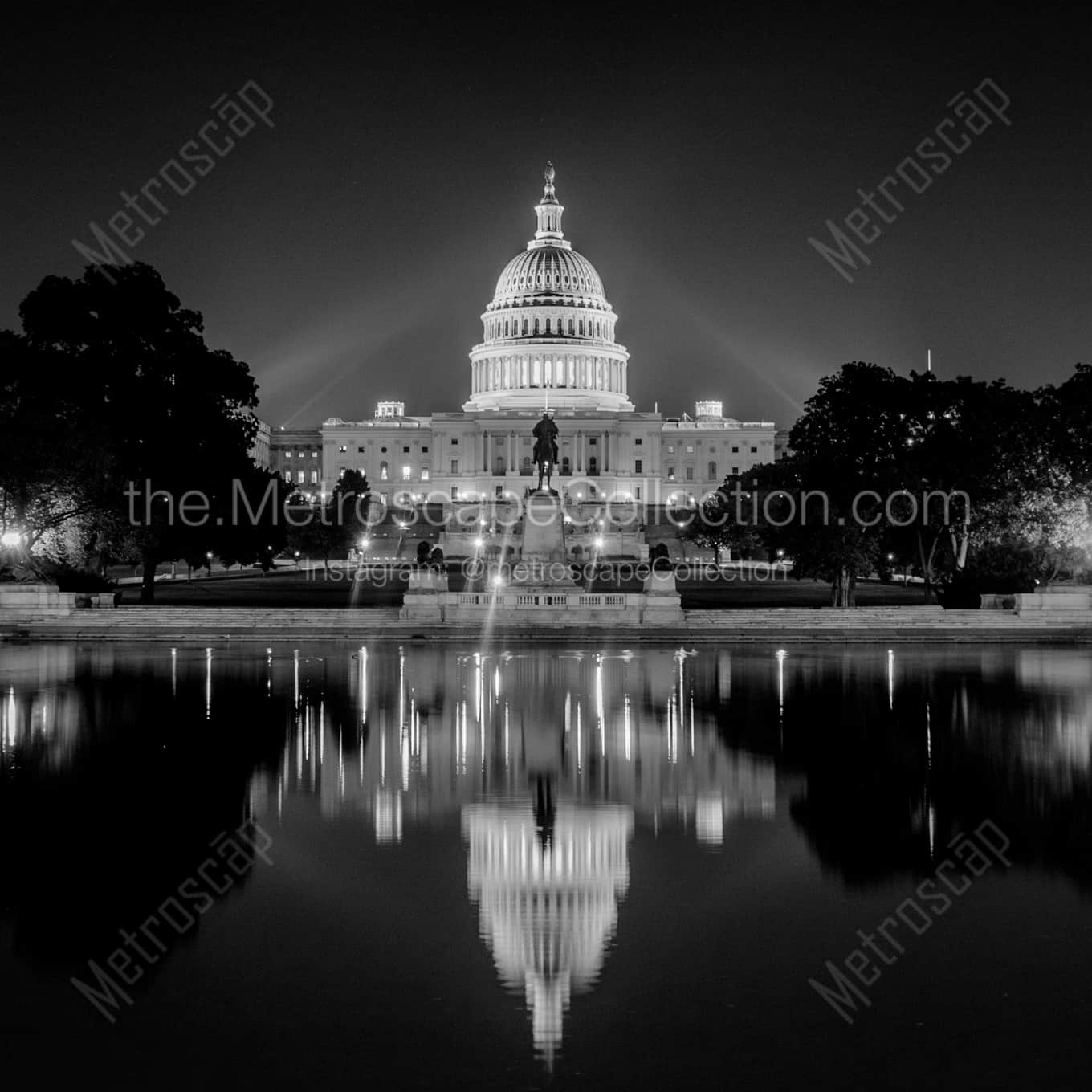 The United States Capitol Building and Capitol Reflecting Pool night time black and white Photography square crop