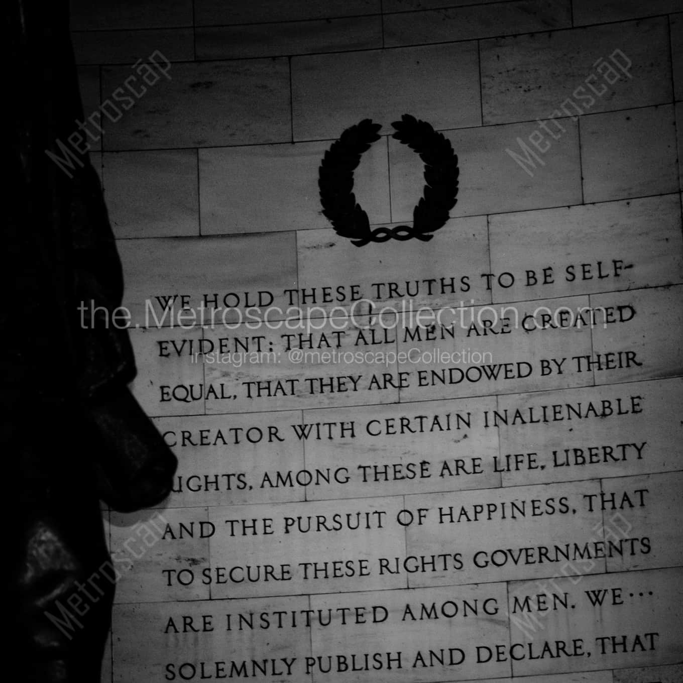 The Declaration of Independence in the Jefferson Memorial night time black and white Photography square crop