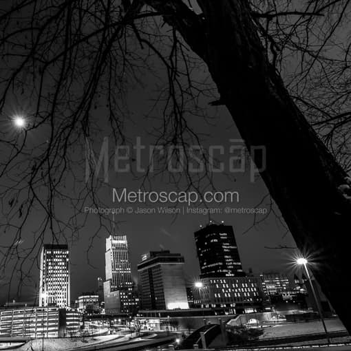 The Akron Ohio Skyline at Night -- Akron Black and White Photography