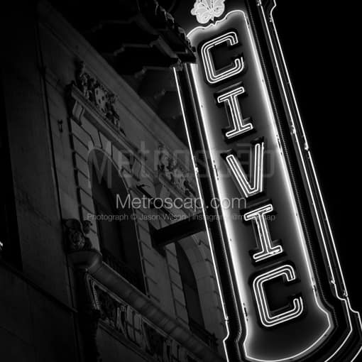 The Akron Civic Theater Sign -- Akron Black and White Photography