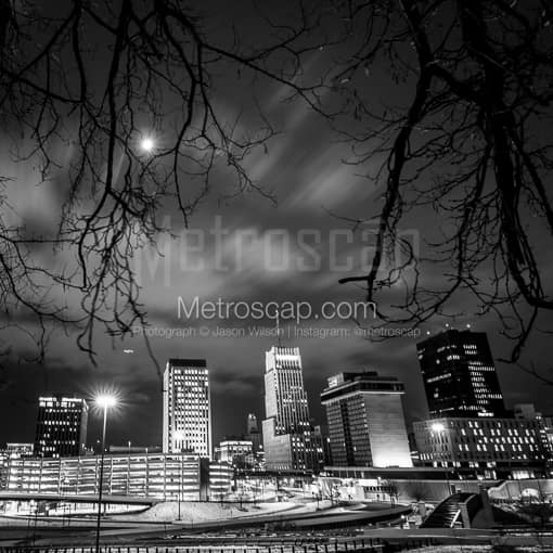 The Downtown Akron Skyline at Night -- Akron Black and White Photography