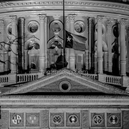 Austin Black and White Photos of The Top of the Texas State House and Texas Flag The Top of the Texas State House and Texas Flag -- Austin Black and White Photos