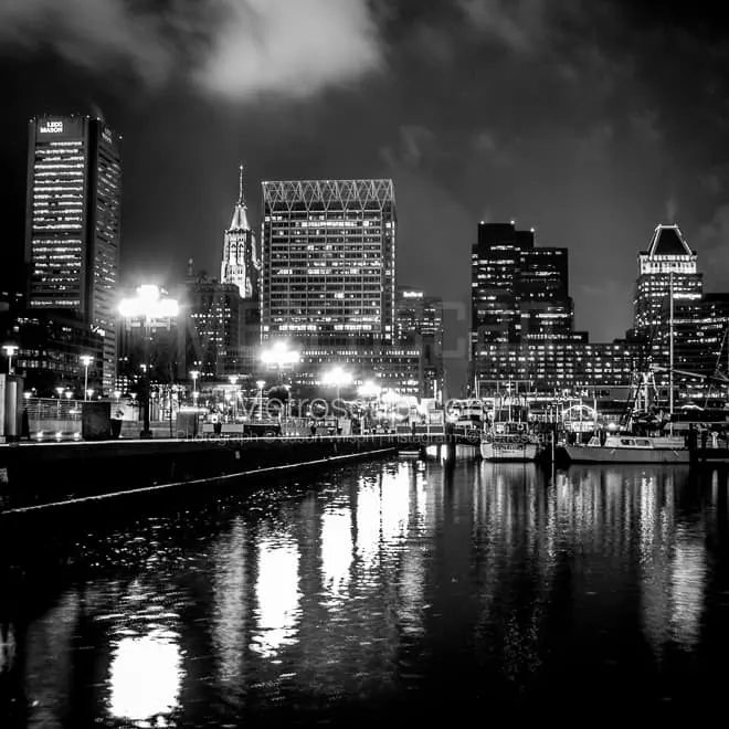 Lights Along The Inner Harbor And Baltimore Skyline At Night Black And White Photography