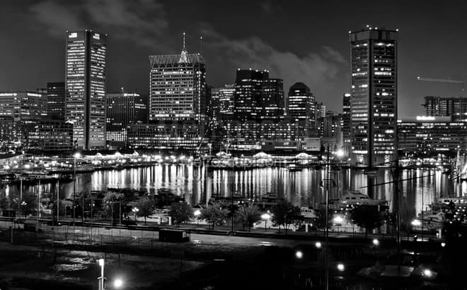 The Baltimore Skyline Over Looking the Inner Harbor from Federal Hill -- Baltimore Black and White Photos