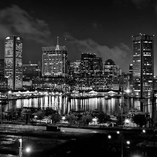 The Baltimore Skyline Over Looking the Inner Harbor from Federal Hill -- Baltimore Black and White Photography
