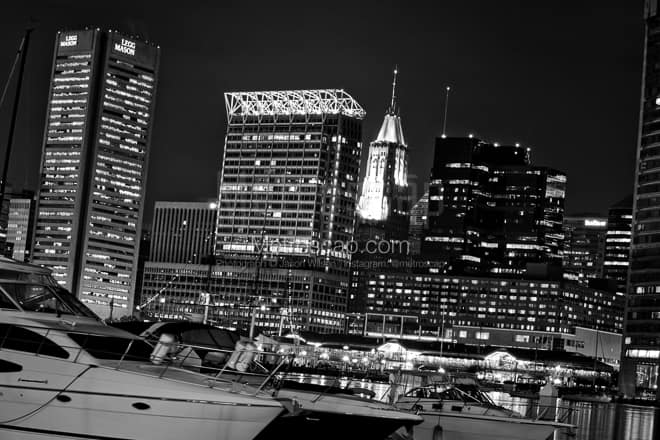 The Baltimore Skyline Featuring the Legg Mason Building and Inner Harbor Boats -- Baltimore Black and White Photos