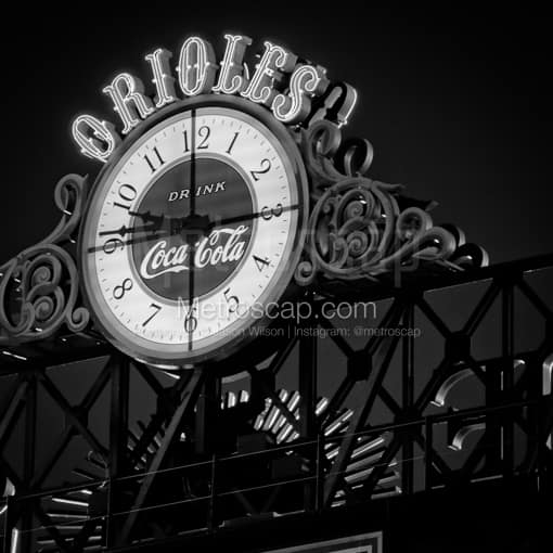 The Clock Behind The Camden Yards Score Board -- Baltimore Black and White Photography