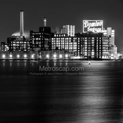 The Domino Sugars Plant Illuminates the Inner Harbor -- Baltimore Black and White Photography
