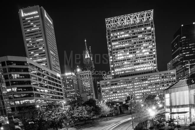 Light and Pratt Street at Night -- Baltimore Black and White Photos