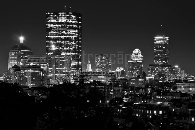 Boston Back Bay Skyline at Night -- Boston Black and White Photos