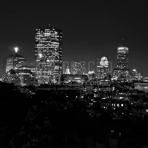 Boston Back Bay Skyline at Night -- Boston Black and White Photography