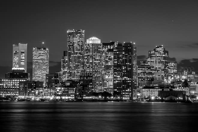 The Boston Skyline at Night -- Boston Black and White Photos