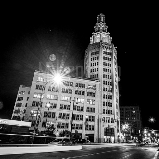 Matte Black WOOD Framed Black and White Buffalo Photograph: The Electric Tower at Night in a Square Matte Black Wood Frame