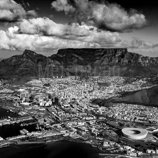 The Cape Town City Bowl and Table Mountain -- Cape Town Black and White Photography