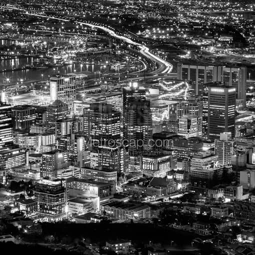 The Cape Town Skyline and Table Bay Boulevard at Night -- Cape Town Black and White Photography