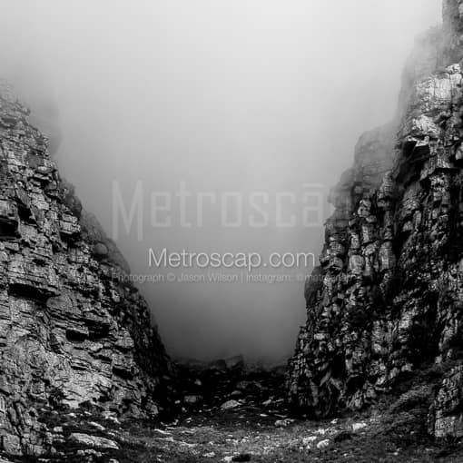 Matte Black WOOD Framed Black and White Cape Town Photograph: Platteklip Gorge ascends into the Table Mountain Clouds in a Square Matte Black Wood Frame