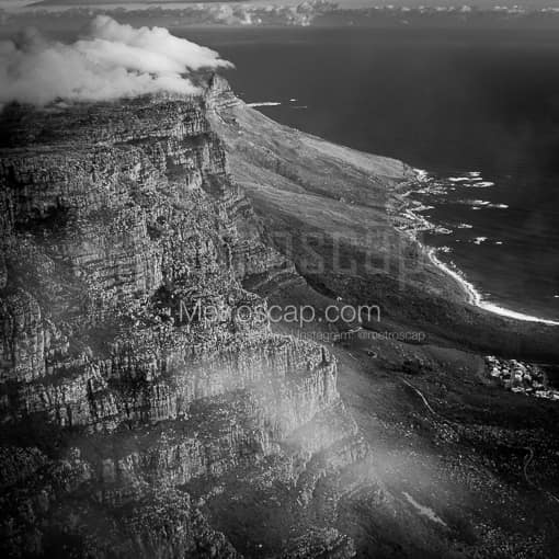 The Table-Cloth Clouds atop the Twelve Apostles -- Cape Town Black and White Photography