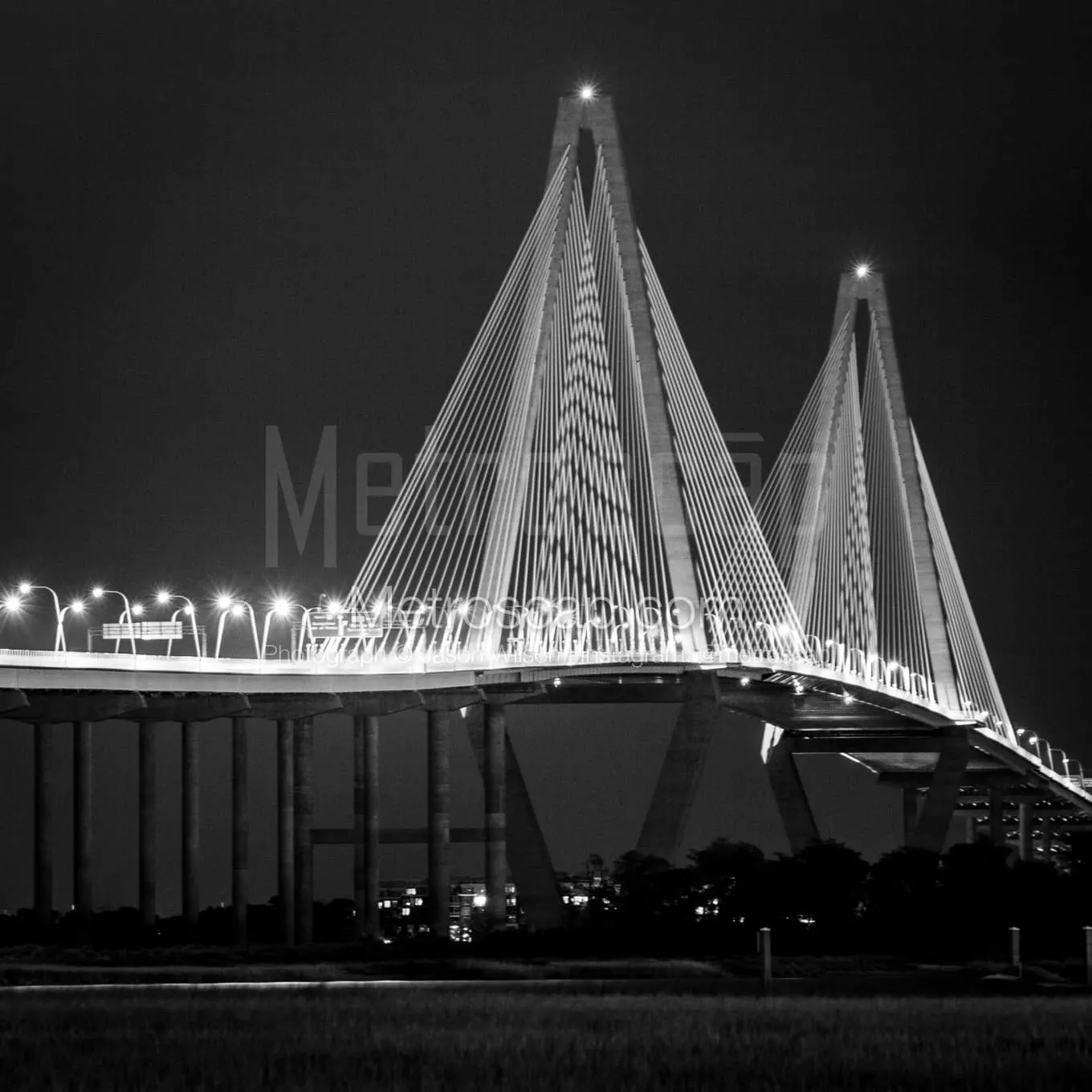 Charleston Photography Black and White The Ravenel Bridge at Night