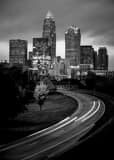 Vertical The Downtown Charlotte Skyline at Dusk black and white Photos