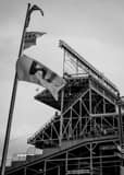 Vertical A W Flag on Waveband behind Wrigley Field landscape black and white Photography