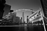 Horizontal The Centennial Fountain over the Chicago River landscape black and white Photography