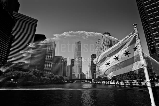 The Centennial Fountain over the Chicago River -- Chicago Black and White Photos