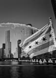 Vertical The Centennial Fountain over the Chicago River landscape black and white Photography