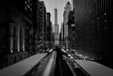Horizontal A Chicago El Train and Trump Tower landscape black and white Photography