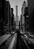 Vertical A Chicago El Train and Trump Tower landscape black and white Photography