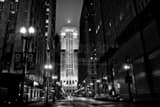 Horizontal LaSalle Street Deadends into the Chicago Board of Trade Building landscape black and white Photography