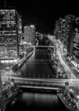 Vertical The Chicago River at Night landscape black and white Photography