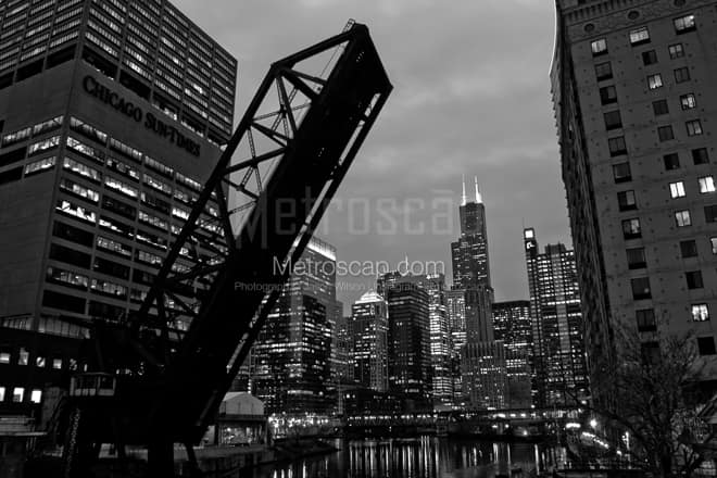 The Chicago Skyline from the Kinzie Street Bridge -- Chicago Black and White Photos