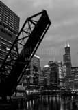 Vertical The Chicago Skyline from the Kinzie Street Bridge landscape black and white Photography