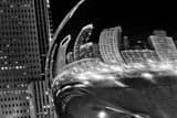 Horizontal The Chicago Skyline Reflects in the Cloud Gate Sculpture in Millennium Park landscape black and white Photography
