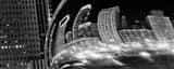 Panoramic The Chicago Skyline Reflects in the Cloud Gate Sculpture in Millennium Park landscape black and white Photography