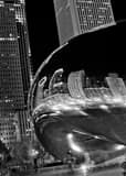 Vertical The Chicago Skyline Reflects in the Cloud Gate Sculpture in Millennium Park landscape black and white Photography