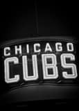 Vertical Cubs Sign on Waveland Ave at Sheffield behind Wrigley Field landscape black and white Photography