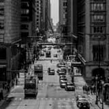 Square Double Decker Tour Buses on Monroe Street landscape black and white Photography