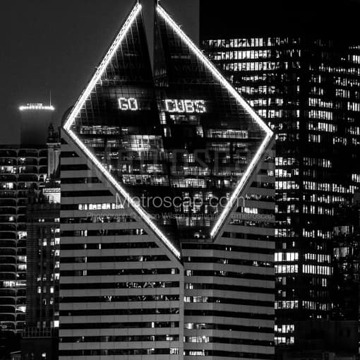 Matte Black WOOD Framed Black and White Chicago Photograph: Go Cubs in the Smurfit-Stone Building at Night in a Square Matte Black Wood Frame