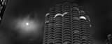 Panoramic A Cloudy Waxing Gibbous Moon Behind the Marina City Towers landscape black and white Photography