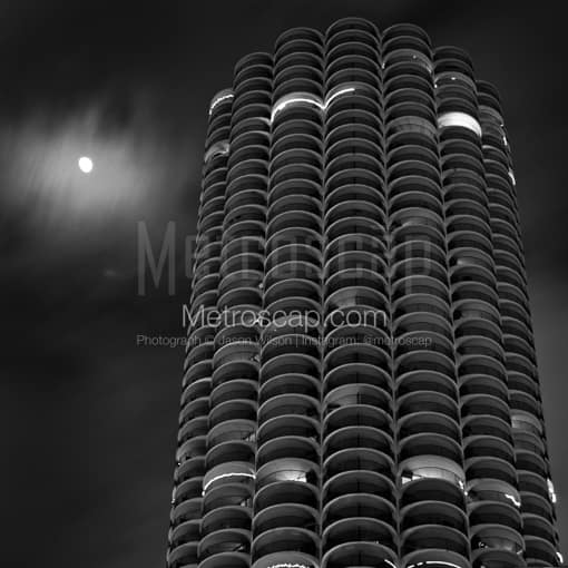 A Cloudy Waxing Gibbous Moon Behind the Marina City Towers -- Chicago Black and White Photography