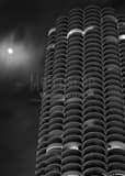 Vertical A Cloudy Waxing Gibbous Moon Behind the Marina City Towers landscape black and white Photography